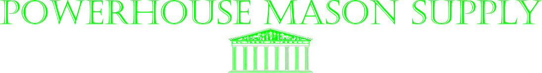 Green text reading "POWERHOUSE MASON SUPPLY" is above a graphic of a classical building with columns, all on a transparent background.