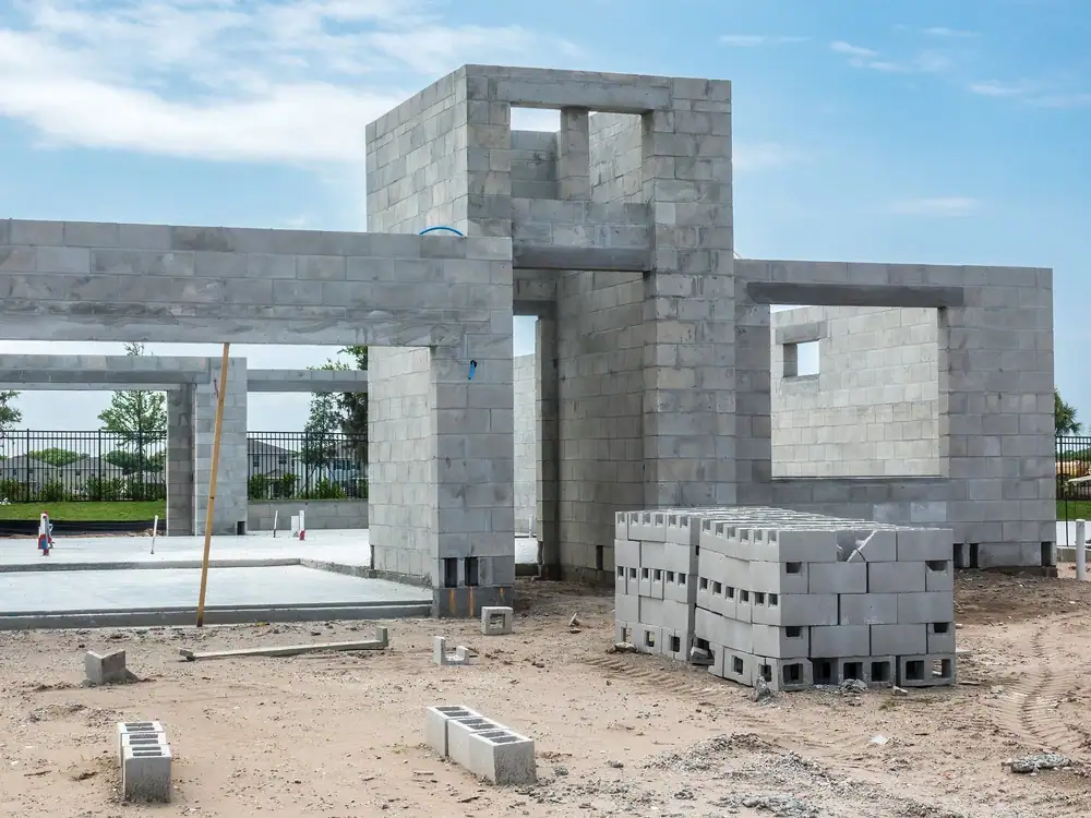 Concrete block construction site with building materials at Powerhouse Mason Supply.